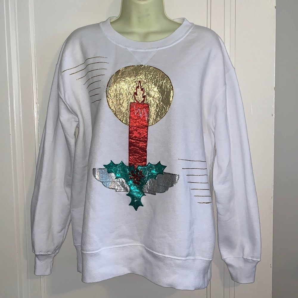 Vtg handmade Christmas candle white sweatshirt